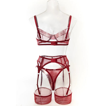Luxury Dark Style 4Pcs Women's Lingerie Set Push-up Underwire Bra Garter Belt Thong Panty Stocking Erotic Intimate Outfits