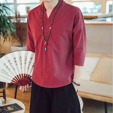 Kimono estivo stile giapponese manica corta uomo nuovo cotone a mezza manica lino traspirante abbigliamento uomo t-shirt giapponese Yukata top