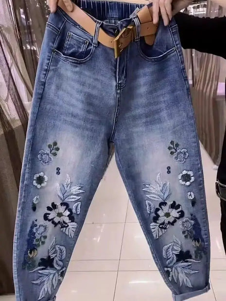 Elastic waist Spring and autumn New high-waisted jeans Women's loose and slim Harlan pants Versatile women's pants Blue jeans
