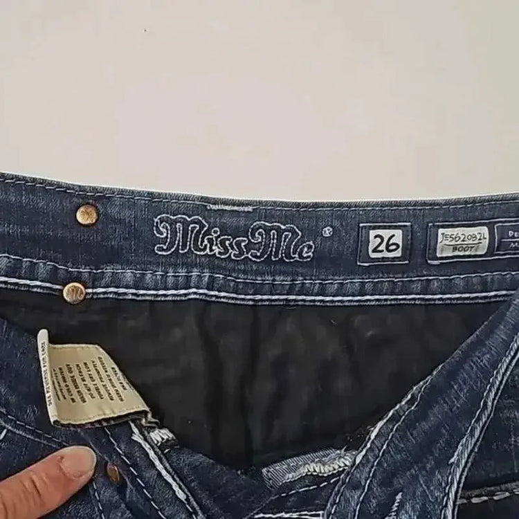 Jeans Boot Cut Retrò Miss Me da Donna, Nuovi Jeans Blu Y2K con Tasche Ricamate, Stile Hip Hop Harajuku Gotico, Pantaloni Larghi Streetwear