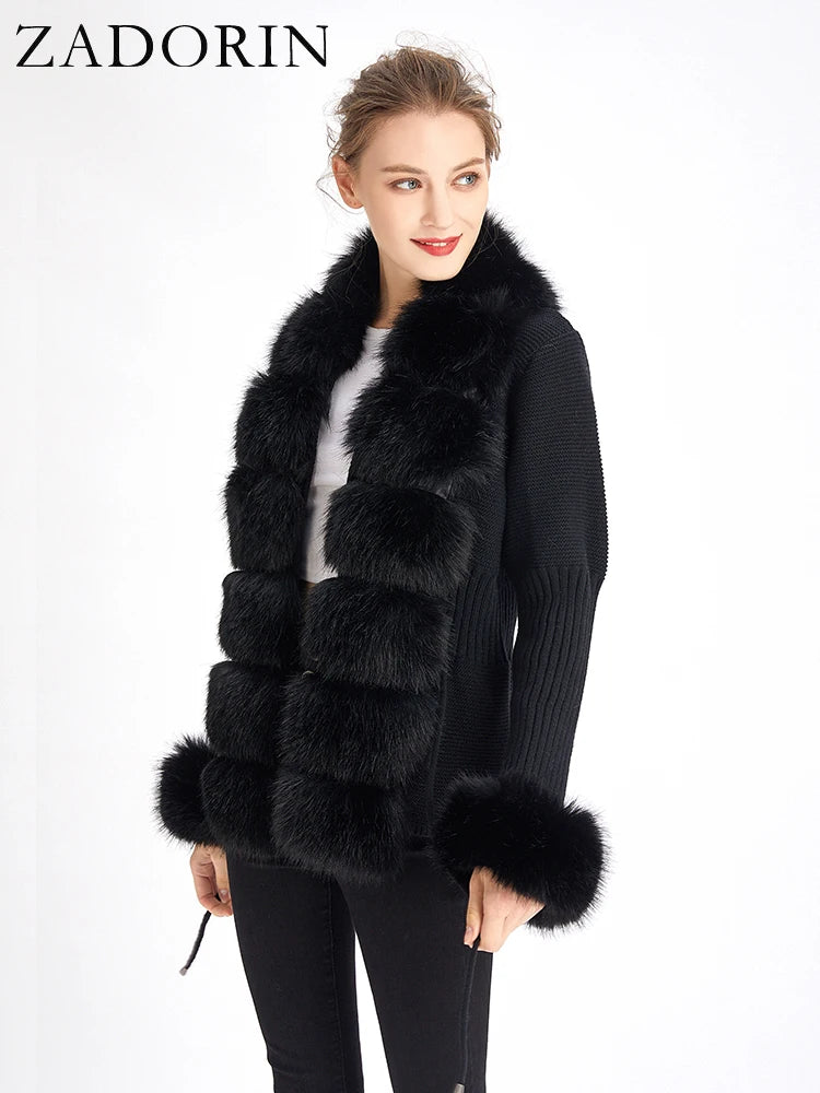 ZADORIN Autumn Winter Women Faux Fur Coat Luxury Knitted Sweater Fur Cardigan Detachable Collar White Pink Jacket Faux Fur Coats