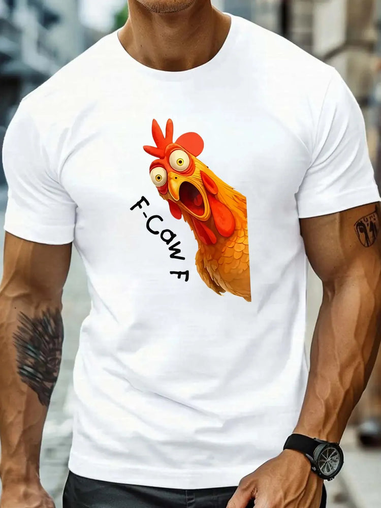 T-shirt estiva casual da uomo a maniche corte in cotone con divertente stampa con motivo gallo, adatta per abbigliamento da esterno e da casa, stile unisex