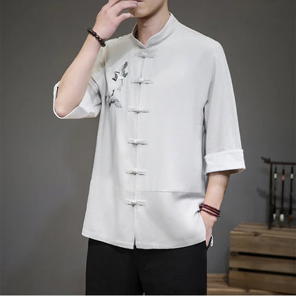Camicie con ricamo gru Abbigliamento tradizionale cinese vintage Mezza manica da uomo in lino Solido colletto Madarin Cardigan Hanfu Kungfu
