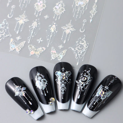 Black White Butterfly Laser Nail Stickers Y2K Nail Art Decoration Abstract Metal Lines Bronzing Lace Flowers Stickers For Nails