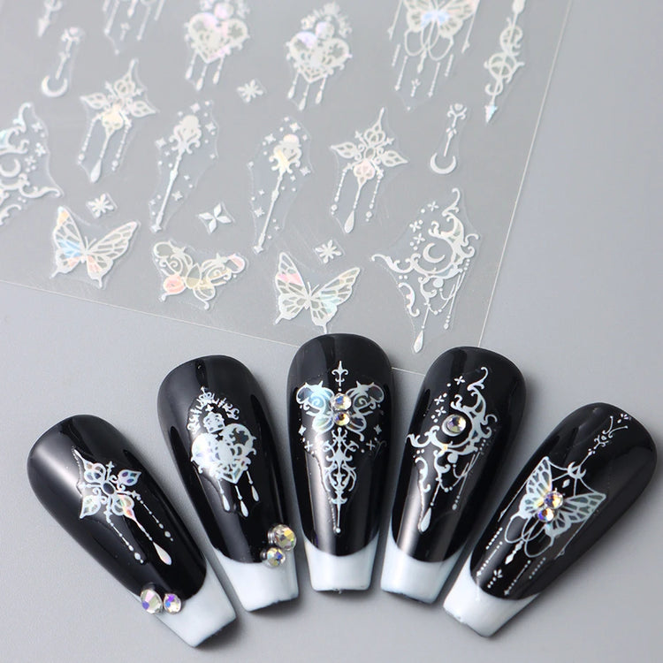 Black White Butterfly Laser Nail Stickers Y2K Nail Art Decoration Abstract Metal Lines Bronzing Lace Flowers Stickers For Nails