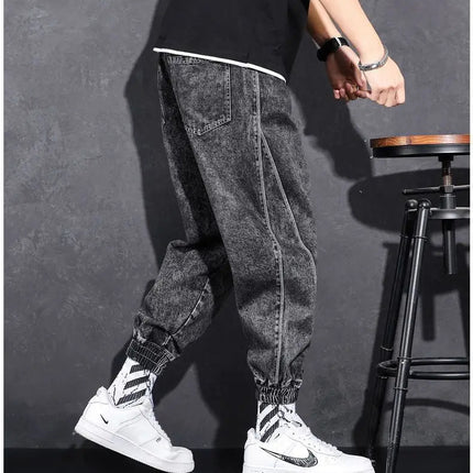 Loose Elastic Waist Denim Jeans for Men 2024 Fashion Casual Spring Workwear Foot-Tied Pants with Brand Workwear Baggy Trousers PlatiNum