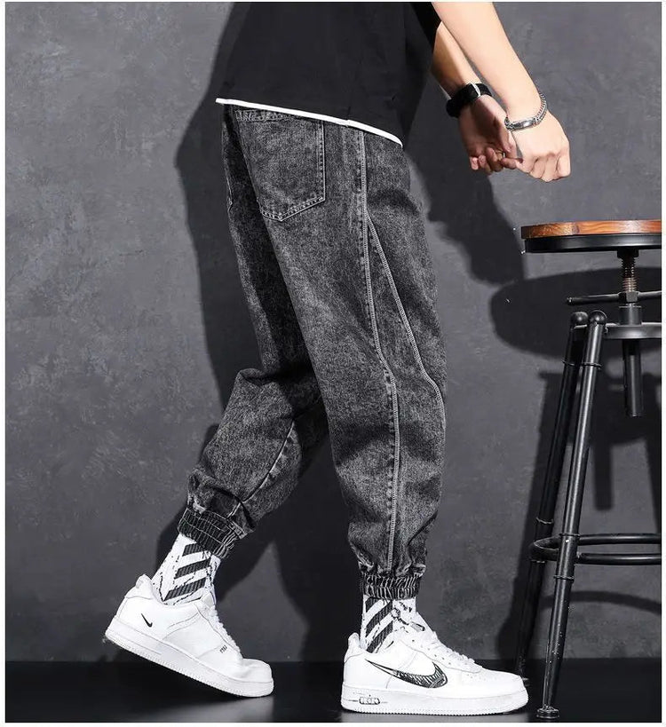 Loose Elastic Waist Denim Jeans for Men 2024 Fashion Casual Spring Workwear Foot-Tied Pants with Brand Workwear Baggy Trousers PlatiNum