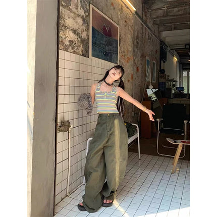 YIBASHU Y2K Vintage Wash Donna Cargo Jeans Harajuku Scimitar Gamba larga Pantaloni in denim retrò americani Pantaloni larghi Gyaru Streetwear