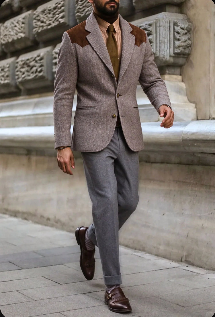 Herringbone Tweed Men's Blazer Jacket Wool Blend Suede Patch Shoulder Men's Sport Coat Business Casual Slim Fit For Oktoberfest