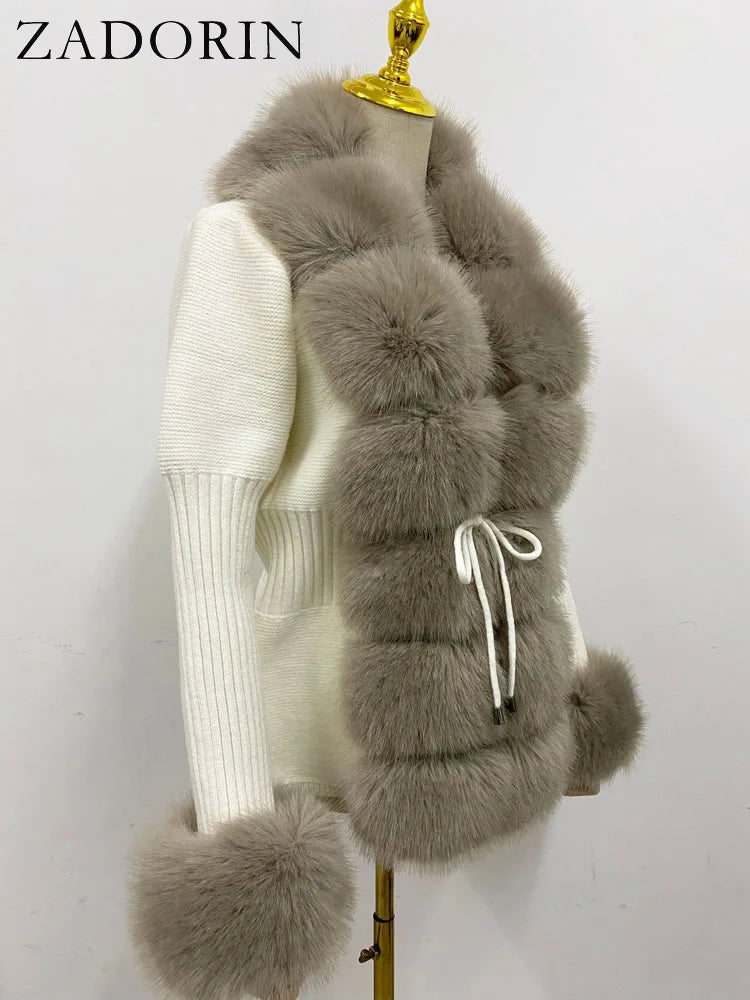 ZADORIN Luxury Fur Cardigan Knit Winter Sweater Women Elegant Detachable Fur Belt White Pink Black Womens Cardigan Korea Style