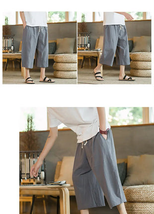 Pantaloni di lino da uomo in stile cinese Pantaloni a gamba larga da uomo con cavallo basso Pantaloni da uomo HipHop Pantaloni al polpaccio Pantaloni da pista Streetwear