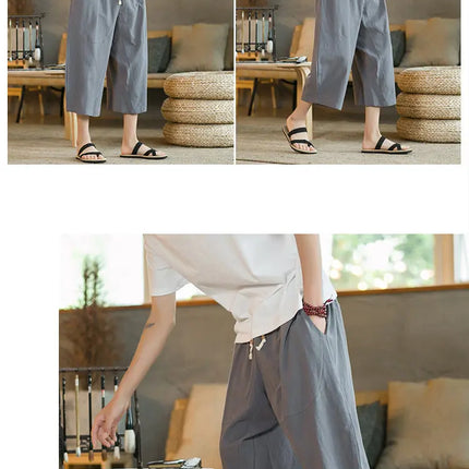 Pantaloni di lino da uomo in stile cinese Pantaloni a gamba larga da uomo con cavallo basso Pantaloni da uomo HipHop Pantaloni al polpaccio Pantaloni da pista Streetwear