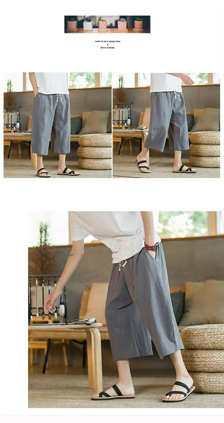 Pantaloni di lino da uomo in stile cinese Pantaloni a gamba larga da uomo con cavallo basso Pantaloni da uomo HipHop Pantaloni al polpaccio Pantaloni da pista Streetwear