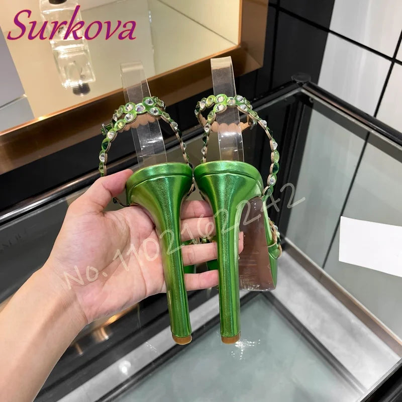 Women'S Chunky Heel Waterproof Platform Sandals Rhinestones Ankle Strap Open Toe Party Evening Shoes Luxury Designer High Heels