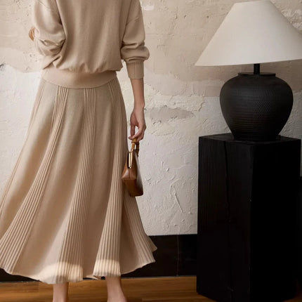 Birdtree,90% Wool 10% Cashmere Knitted Skirt For Women,Mid-Waist Casual Long Skirts,Commuting Style,2026 Spring New D61337JF PlatiNum