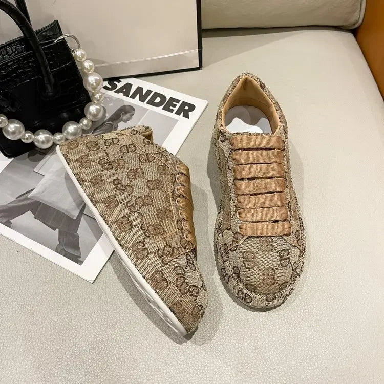 Spring 2025 New Khaki Crystal Women's Sneakers Fashion Versatile Casual Ladies Party Shiny Female Shoes