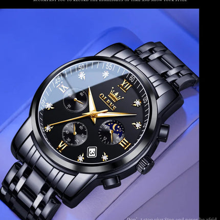OLEVS 2858 Orologio da Uomo in Acciaio Inossidabile, Impermeabile, Antigraffio, con Fasi Lunari, Luminoso, Cronografo, Orologio da Polso al Quarzo di Lusso platinumshop