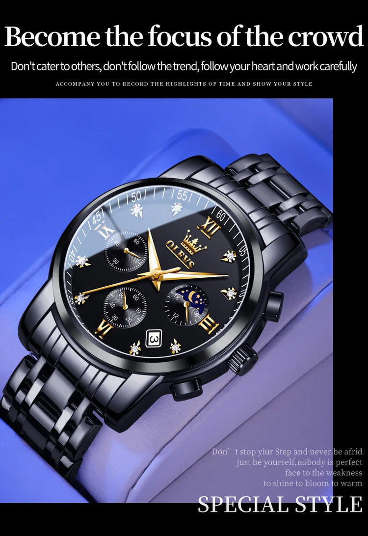 OLEVS 2858 Orologio da Uomo in Acciaio Inossidabile, Impermeabile, Antigraffio, con Fasi Lunari, Luminoso, Cronografo, Orologio da Polso al Quarzo di Lusso platinumshop