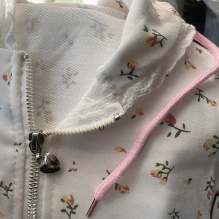 Y2k Hoodies Green Kawaii Cat Floral Print Hooded Zip-up Woman Sweatshirts Pink Thin Jacket Spring Fall Clothes Cute Streetwear