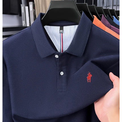 High-end branded long-sleeved polo shirt, 100% cotton, new business men's leisure lapel t-shirt, luxury comfort with Paul pony embroidery