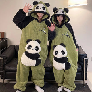 Panda Onesie Nightwear For Winter Coral Warm Hooded Sleepwear Women Men Cartoon Cute One-Piece Pajamas Party Loungewear