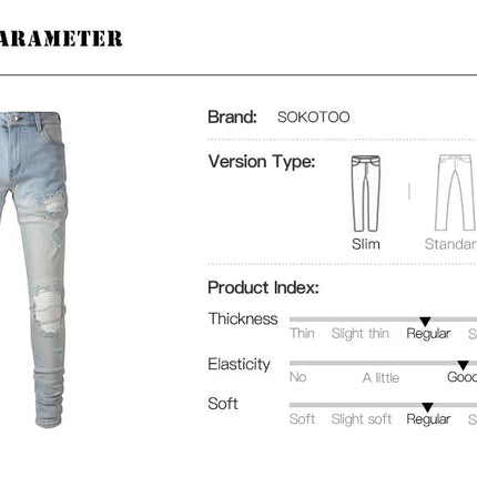 Men Pale Light Blue Biker Jeans Cracked Pleated Patch Patchwork Stretch Denim Pants Streetwear Holes Ripped Skinny Trousers PlatiNum