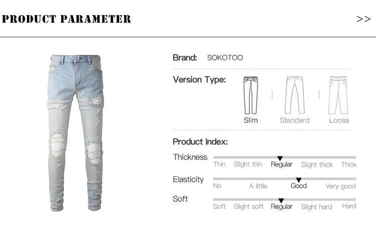 Men Pale Light Blue Biker Jeans Cracked Pleated Patch Patchwork Stretch Denim Pants Streetwear Holes Ripped Skinny Trousers PlatiNum