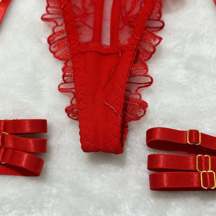 Red Lace Embroidery Bra Set 5-Piece Lingerie Comfortable Push Up Underwear