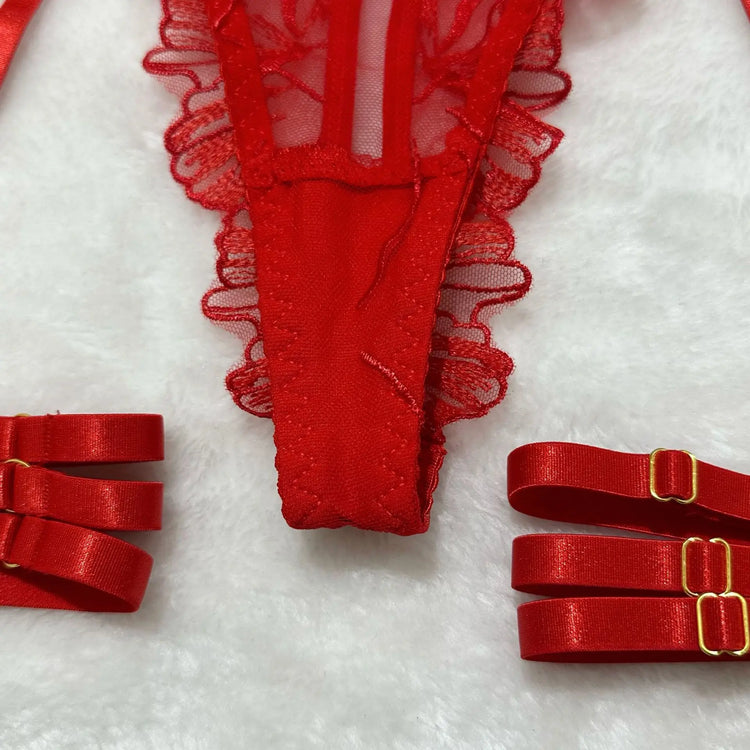 Red Lace Embroidery Bra Set 5-Piece Lingerie Comfortable Push Up Underwear