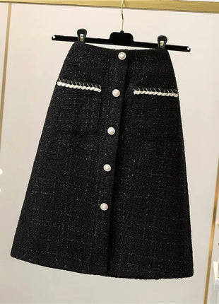 Women's Mid-Length/Short White Black Tweed High-Waist Woolen A-Line Autumn Winter Fragrant Silk Skirt PlatiNum