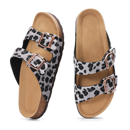 Eyriphy New Women Open Toe Leopard Slides With Adjustable Buckle Classic Flat Sandals Casual Cork Footbed Women's Slippers