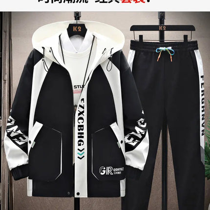 Spring Autumn Casual Men Sets Jacket + Pants Two Pieces Fashion Korean Trend Hooded Baseball Uniform Suit Man Outfit