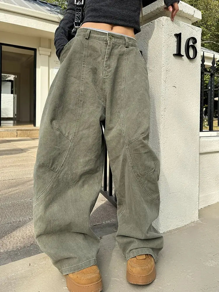 HOUZHOU Y2K Vintage Wash Donna Cargo Jeans Harajuku Scimitar Gamba larga Pantaloni in denim retrò americani Pantaloni larghi Gyaru Streetwear