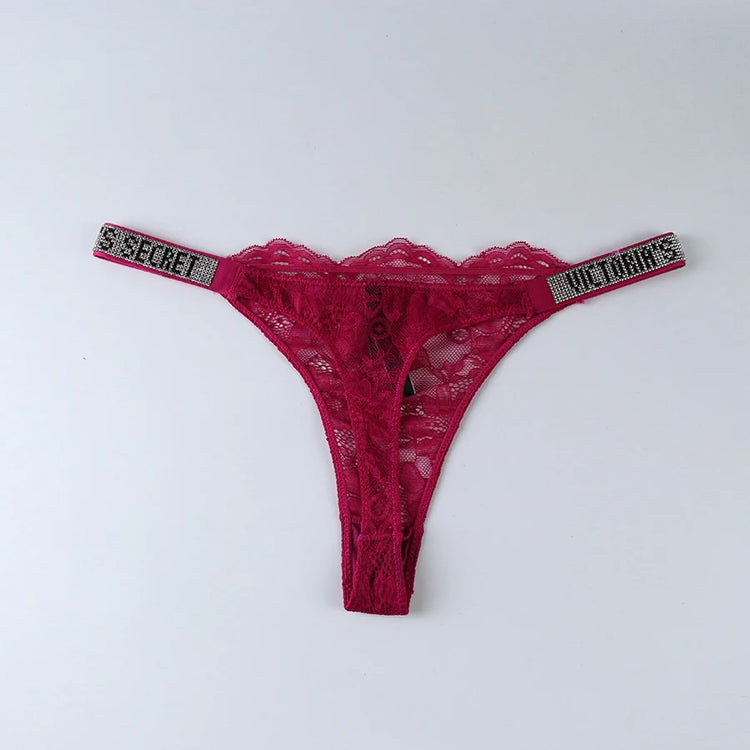 2026 New Satin Letter Rhinestone G-String Women Underwear Sexy Lace Lingerie Low Waist Seamless Panties Panties