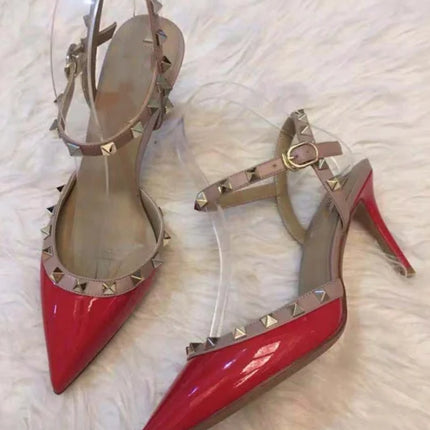 Lady autentici sandali in pelle cinturino con fibbia tacchi alti sottili scarpe alla moda Lock Gold Studs Dress Pumps 33-41 25cm White Blac