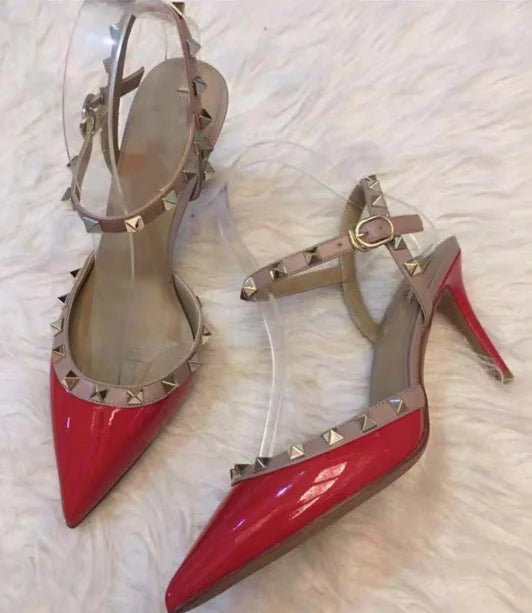 Lady autentici sandali in pelle cinturino con fibbia tacchi alti sottili scarpe alla moda Lock Gold Studs Dress Pumps 33-41 25cm White Blac