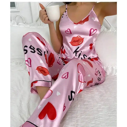 Pigiama floreale in raso da donna con top con cinturino per spaghetti e pantaloni lunghi Indumenti da notte 2 pezzi senza maniche Abbigliamento per la casa Pigiama platinumshop