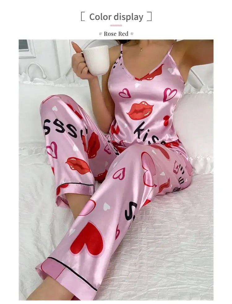 Pigiama floreale in raso da donna con top con cinturino per spaghetti e pantaloni lunghi Indumenti da notte 2 pezzi senza maniche Abbigliamento per la casa Pigiama platinumshop