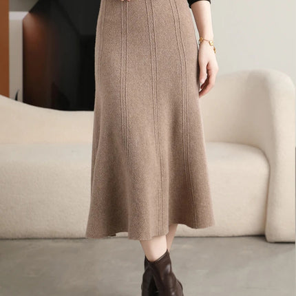 Grace Women's Skirt 100% Merino Wool Skirt Hip Hugging A-Line Wave Skirt Knitted Warm Autumn Winter Dress Slim Office Lady Skirt PlatiNum