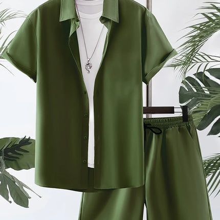 Men's Plain Solid Color Hawaiian Shirt Summer Trend Short Sleeve Shorts 2-Piece Set Casual Daily Shorts Top Suit Oversized Fashion