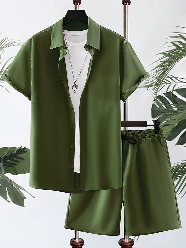 Camicia hawaiana da uomo semplice tinta unita Tendenza estiva Pantaloncini a maniche corte 2 pezzi Pantaloncini casual quotidiani Top Suit Moda oversize