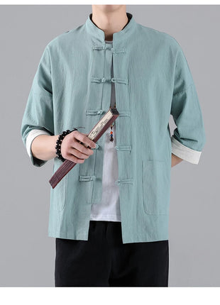 Camicie in Stile Cinese per Uomo, Top Tradizionale Tang in Lino a Mezza Manica, Camicia Kung Fu Hanfu Vintage Casual, Taglie Grandi fino a 5XL