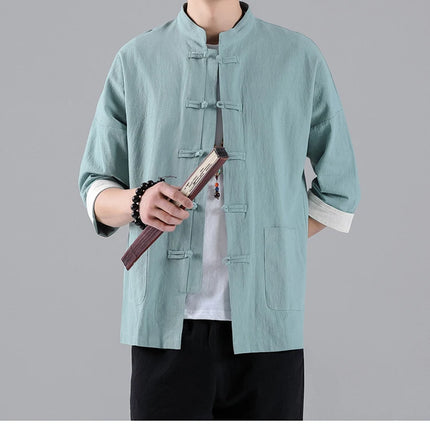 Camicie in Stile Cinese per Uomo, Top Tradizionale Tang in Lino a Mezza Manica, Camicia Kung Fu Hanfu Vintage Casual, Taglie Grandi fino a 5XL