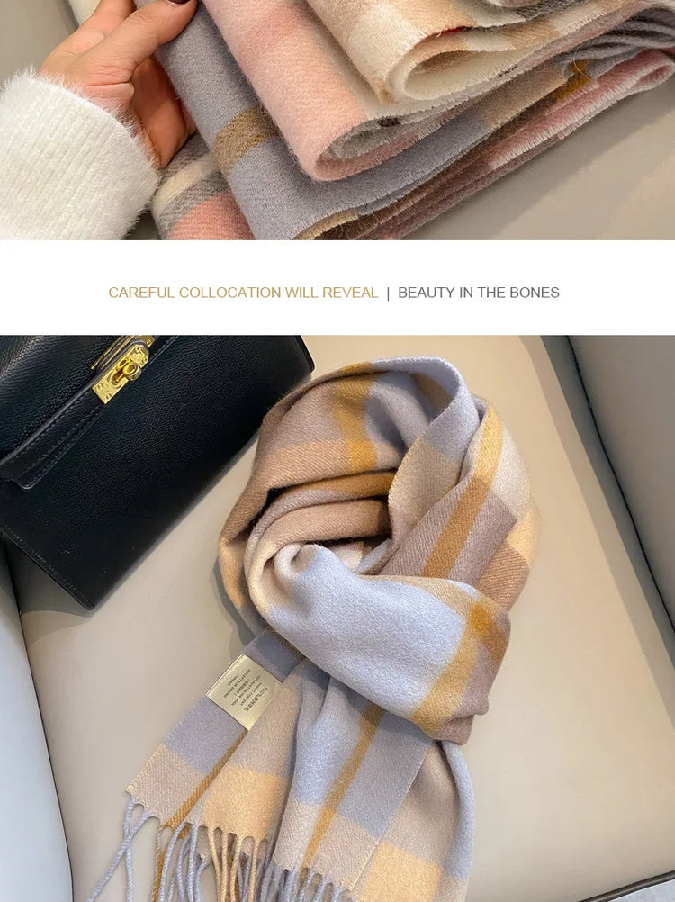 High Quality 100% Pure Wool Scarf Women Classic Chic  Autumn Winter Colorful Plaid Tassel Warm Muffler Female Thermal Shawl Lady