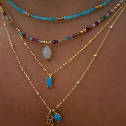 2023 Fashion Multilayer Boho Colorful Bead Chain Necklace For Women Female Crystal Water Drop Metal Letter Pendant Jewelry Gift PlatiNum