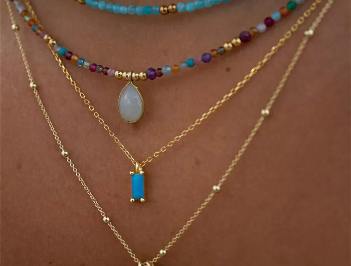 2023 Fashion Multilayer Boho Colorful Bead Chain Necklace For Women Female Crystal Water Drop Metal Letter Pendant Jewelry Gift PlatiNum
