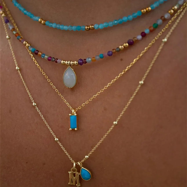 2023 Fashion Multilayer Boho Colorful Bead Chain Necklace For Women Female Crystal Water Drop Metal Letter Pendant Jewelry Gift PlatiNum