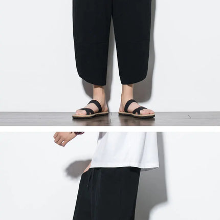 Pantaloni Estivi da Uomo 2026 Stile Cinese in Cotone e Lino, Pantaloni Harem Traspiranti da Spiaggia, Pantaloni Casual a Tre Quarti, Streetwear