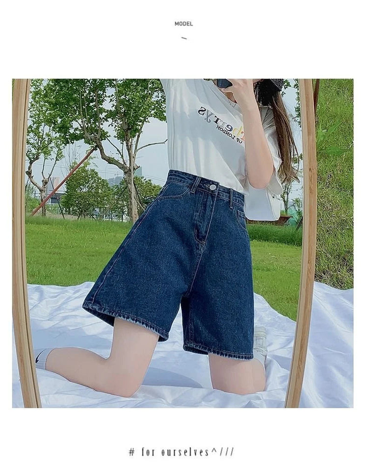 Ladies High Waist Wide Leg Denim Shorts Retro Blue A-Line Slim Fit Spring Summer Womens Casual Clothing 2026 PlatiNum