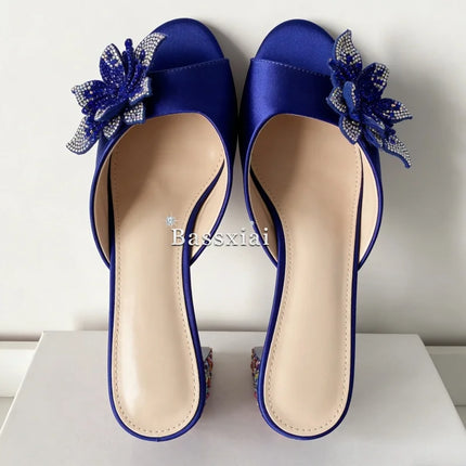 Sandali con tacco alto da donna estivi in seta blu con strass colorati e decorazioni a nodo a farfalla in cristallo per ragazze